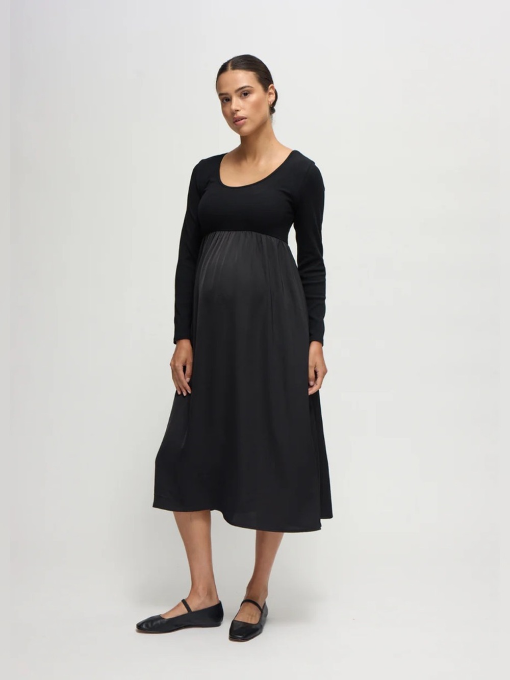 Ingrid + Isabel Double Take Mixed Media Black Maternity Midi Dress